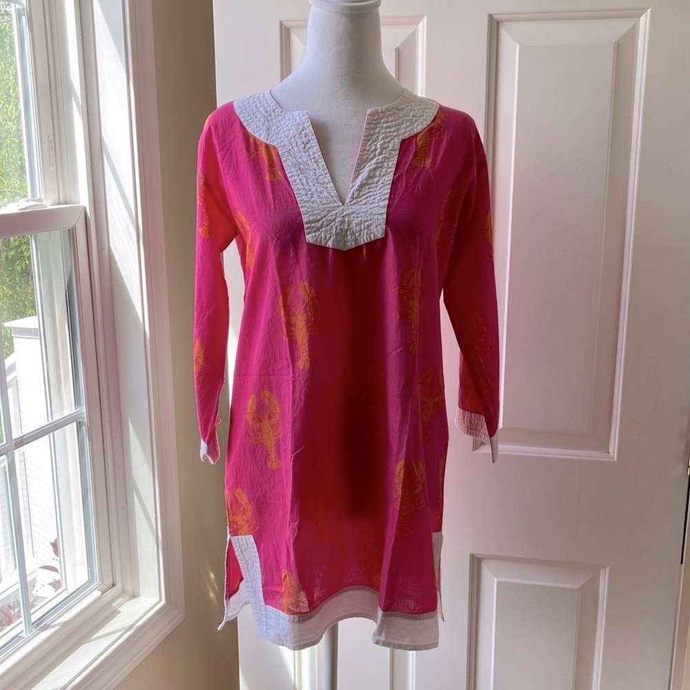 Top It Off Lobster Print Cover Up/Tunic Hot Pink/Orange/White Size S/M